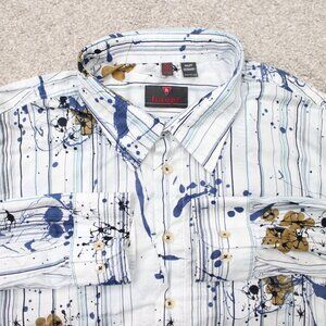 Haupt Shirt Men 17 1/2, 43/44 White/Blue/Brown Paint Splatter Long Sleeve Button